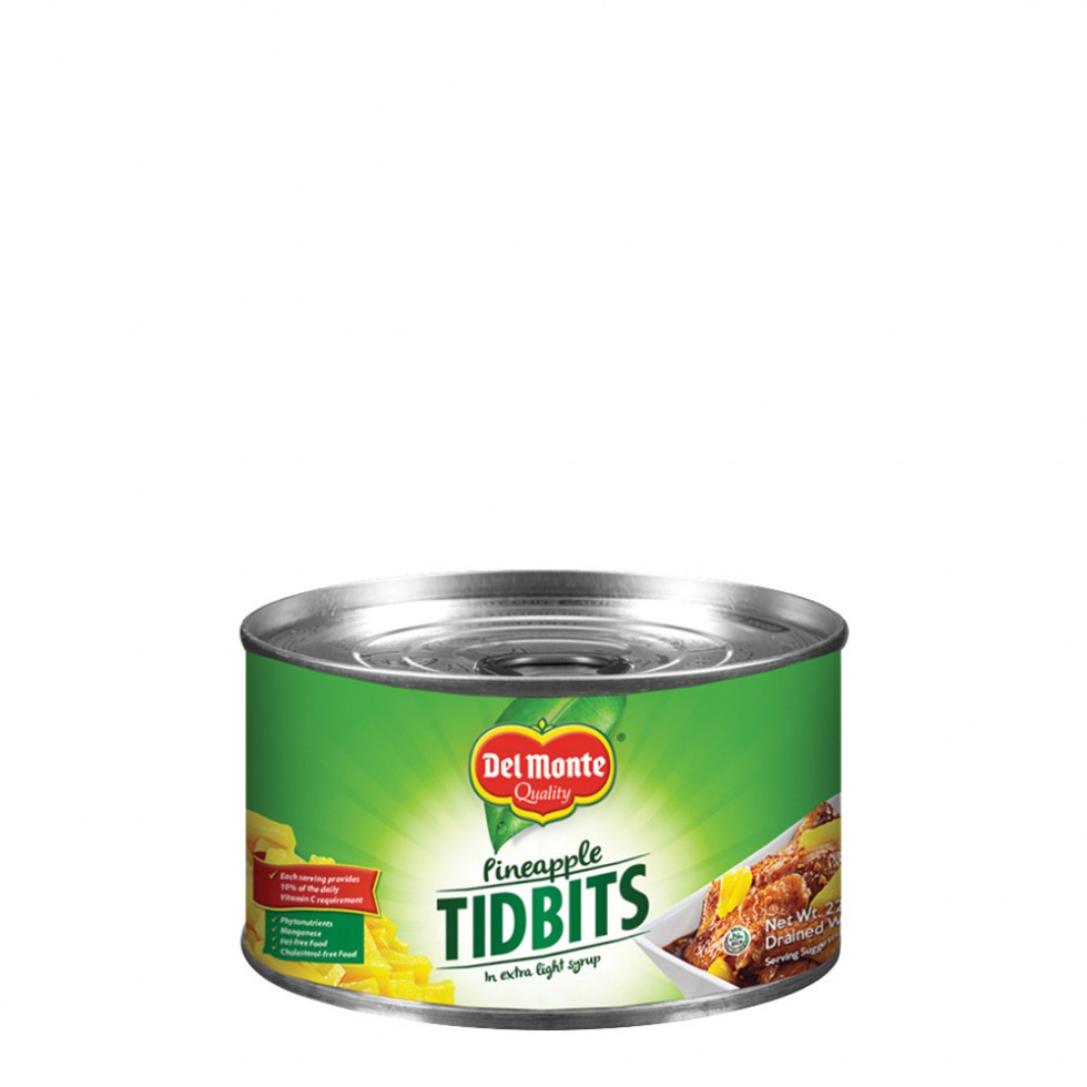 DEL MONTE PINEAPPLE TIDBITS 227G, DRAINED & RESERVED SYRUP  