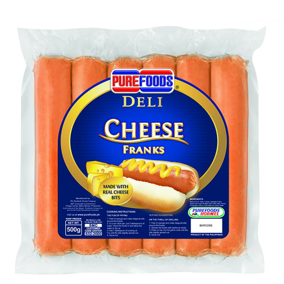 PUREFOODS CHEESE FRANKS JUMBO 500G, SLICED INTO ROUNDS  