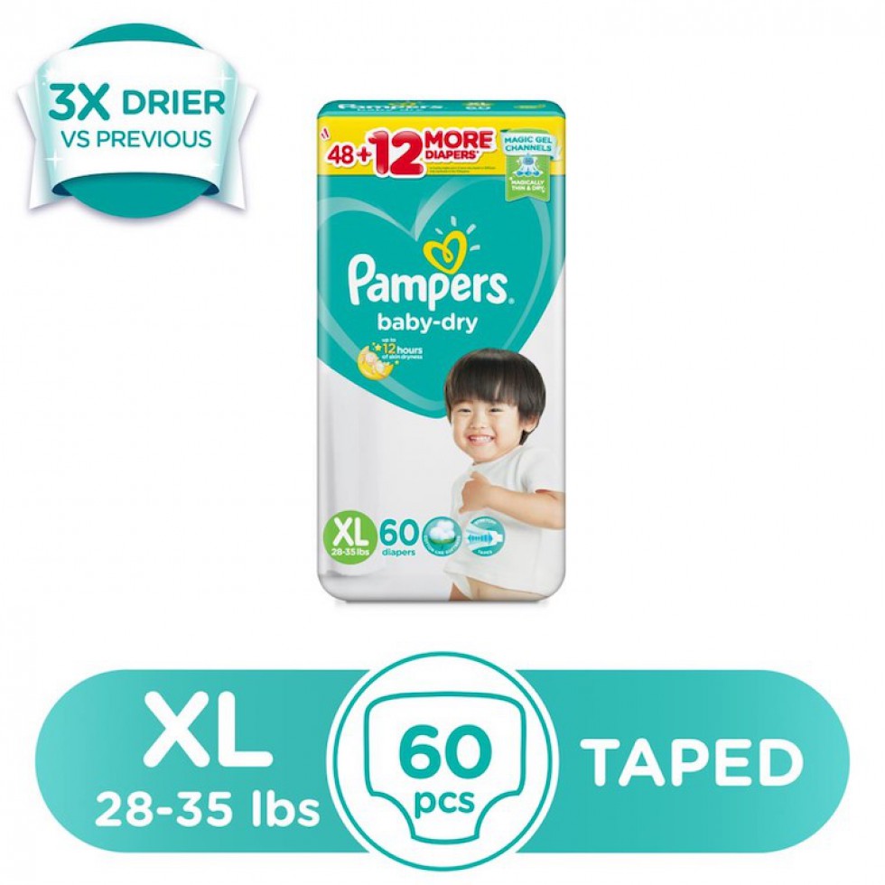 PAMPERS BABY DRY DIAPER TAPED  XL 60S