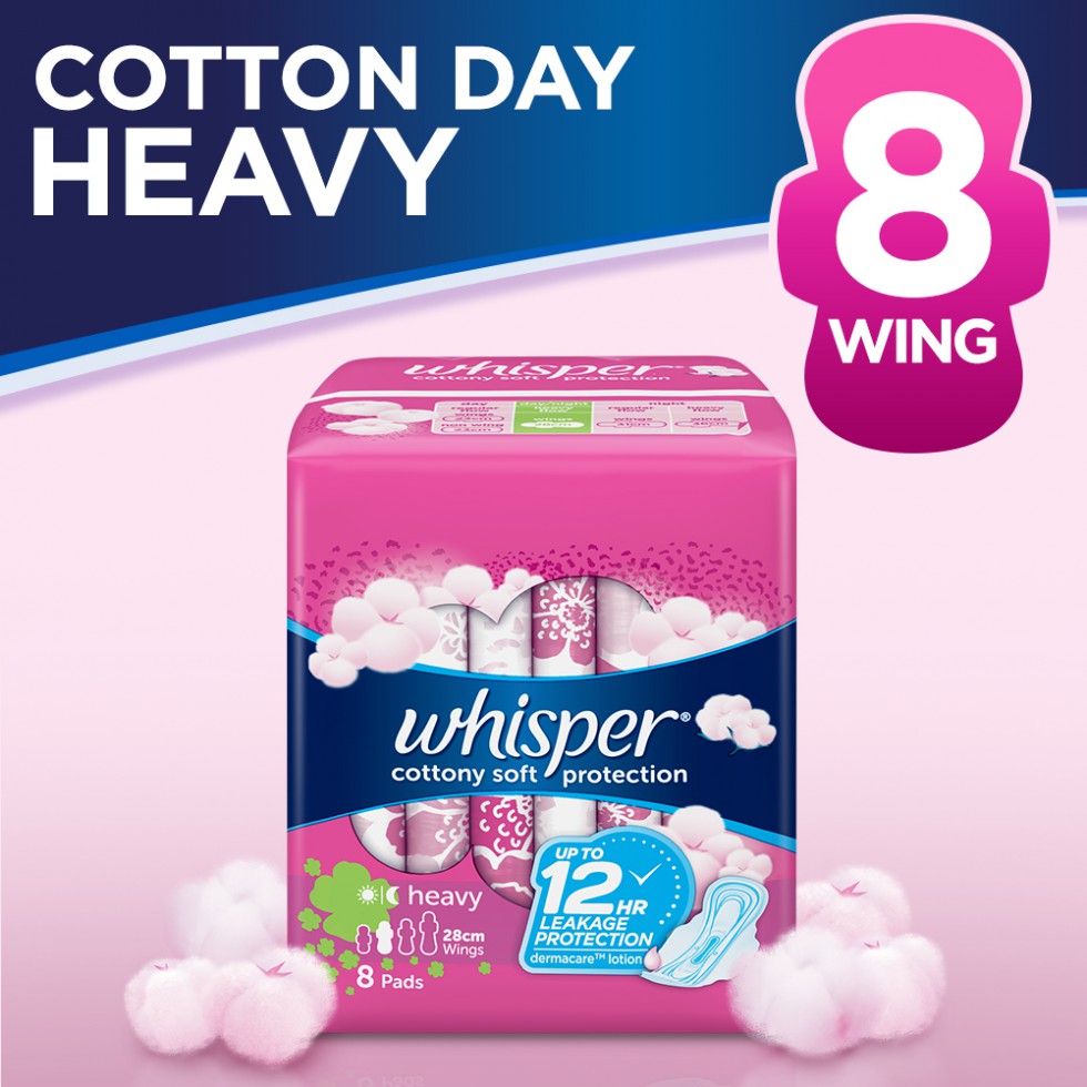 WHISPER SANITARY NAPKIN COTTON DAY HEAVY WITH WINGS 8S