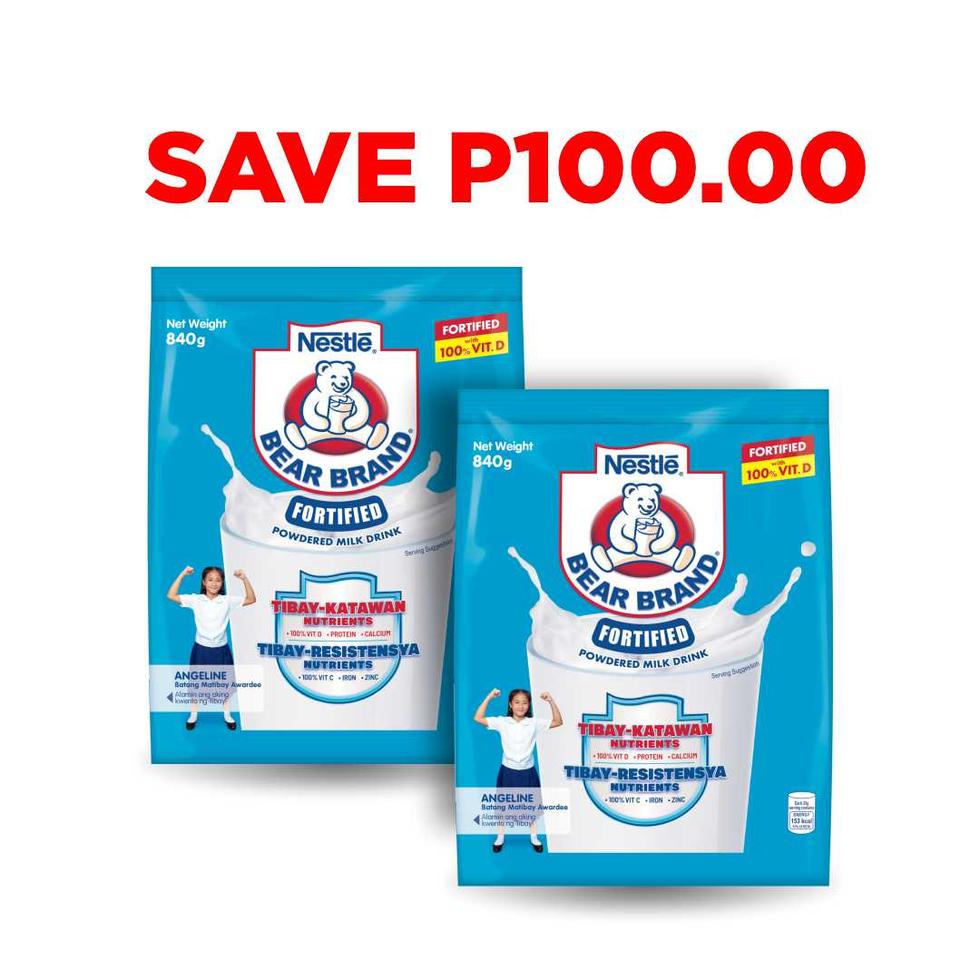 BEAR BRAND FORTIFIED POWDERED MILK DRINK WITH IRON & ZINC PLAIN TIPID PACK 840G BUY 2 SAVE P100  