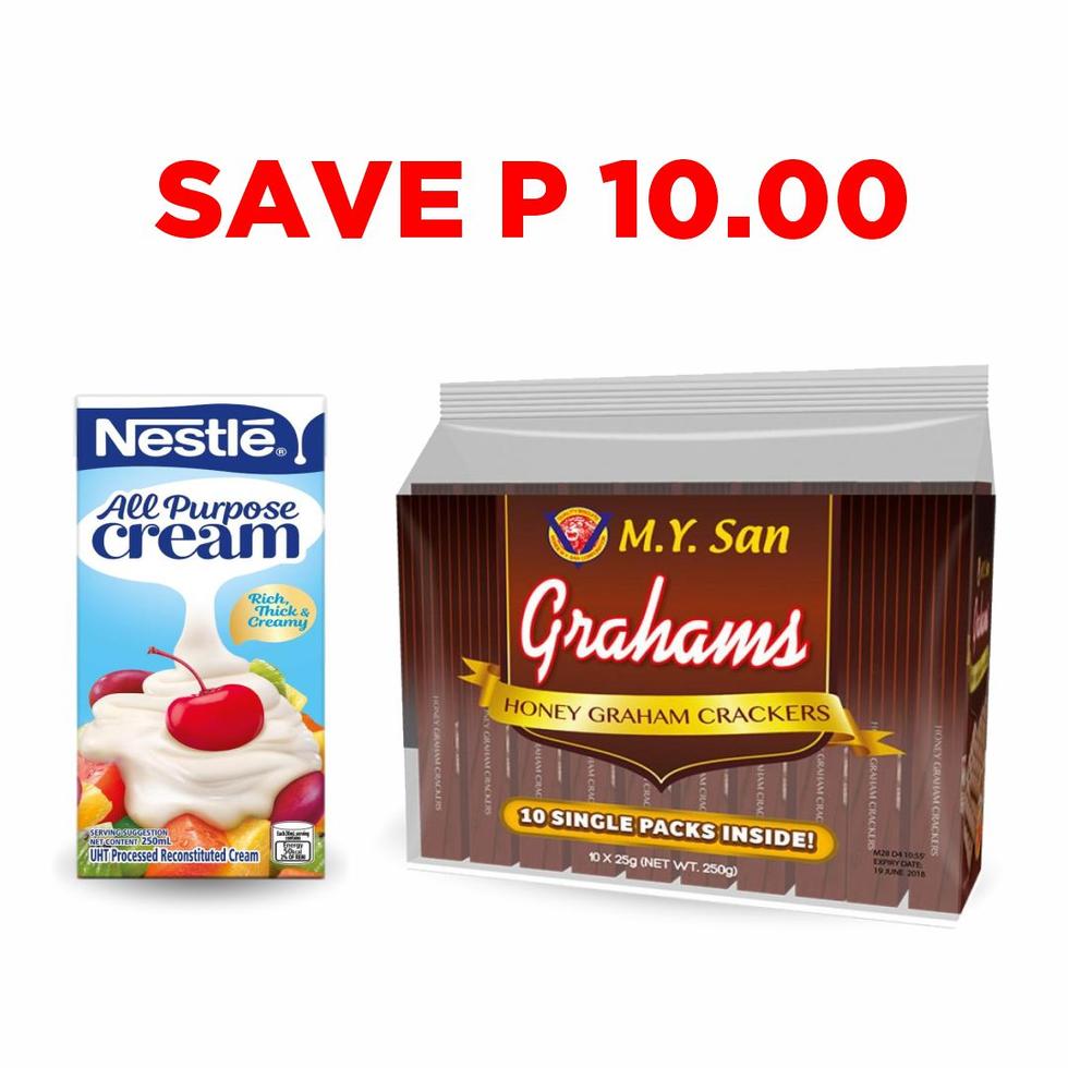 NESTLE ALL PURPOSE CREAM   250ML BUY 1 PC  +  MY SAN GRAHAMS HONEY GRAHAM CRACKERS 25GX10S, 1 PACK . SAVE P10.00  