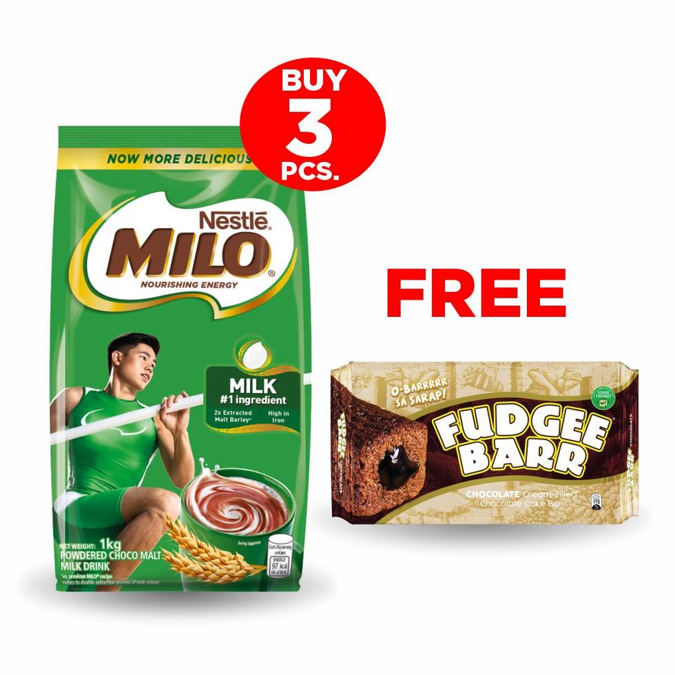 MILO ACTIV-GO WINNER REGULAR 1KG , BUY 3 PACKS. , GET FREE 1 PACK FUDGEE BARR CAKE BAR CHOCOLATE FLAVOR 42GX10S  